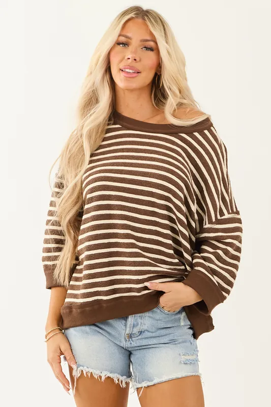 Cocoa Striped 3/4 Sleeve Cotton Relaxed Sweater Top - Umgee