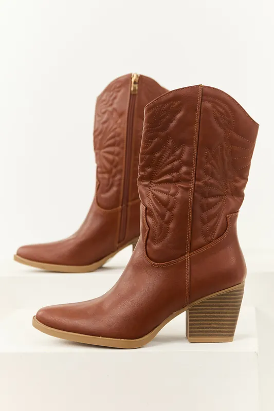 Cinnamon Faux Leather Block Heel Cowboy Boots - Berness