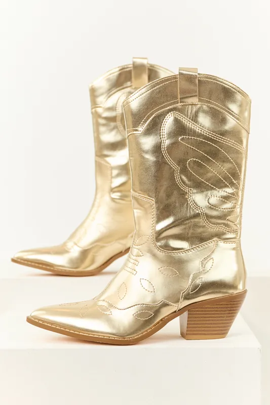 Gold Faux Leather Pointed Toe Cowboy Boots - Berness