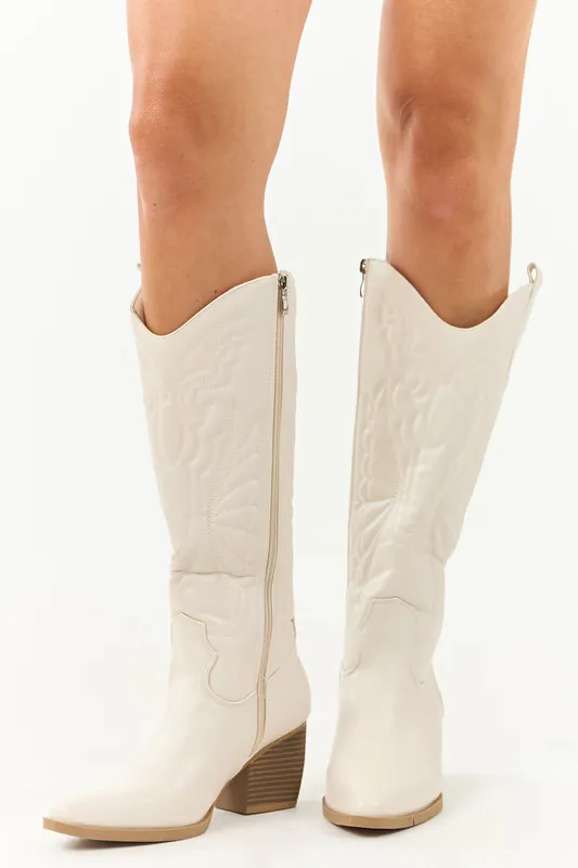 Ivory Faux Leather Tall Block Heel Cowboy Boots - Berness