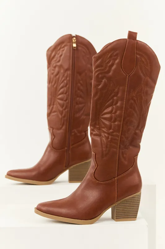 Cinnamon Faux Leather Tall Block Heel Cowboy Boots - Berness
