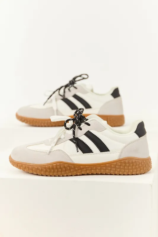 Off White Striped Double Lace Up Low Top Sneakers - Berness