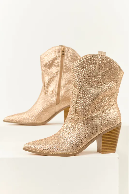 Champagne Rhinestone Embellished Pointed Toe Booties - Berness