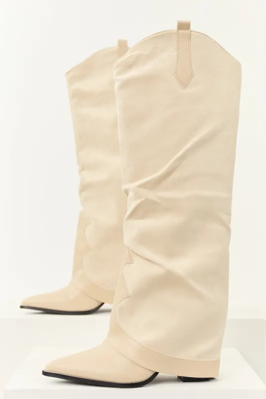 Vanilla Faux Suede Overlay Knee High Cowboy Boots - Berness