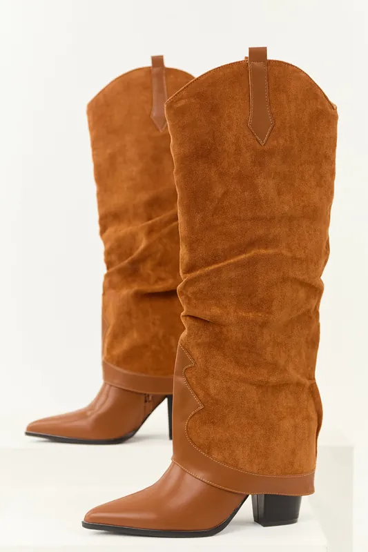 Caramel Faux Suede Overlay Knee High Cowboy Boots - Berness