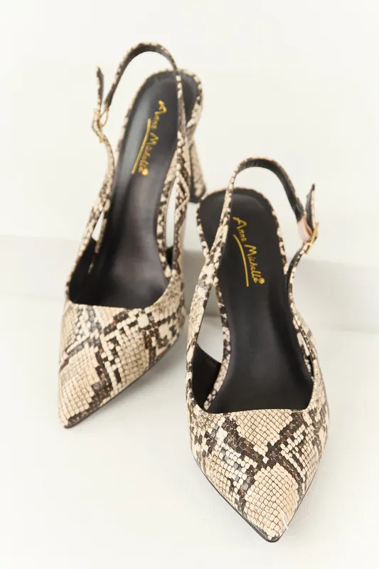Almond Faux Snakeskin Pointed Toe Slingback Heels - JP ORIGINAL CORP