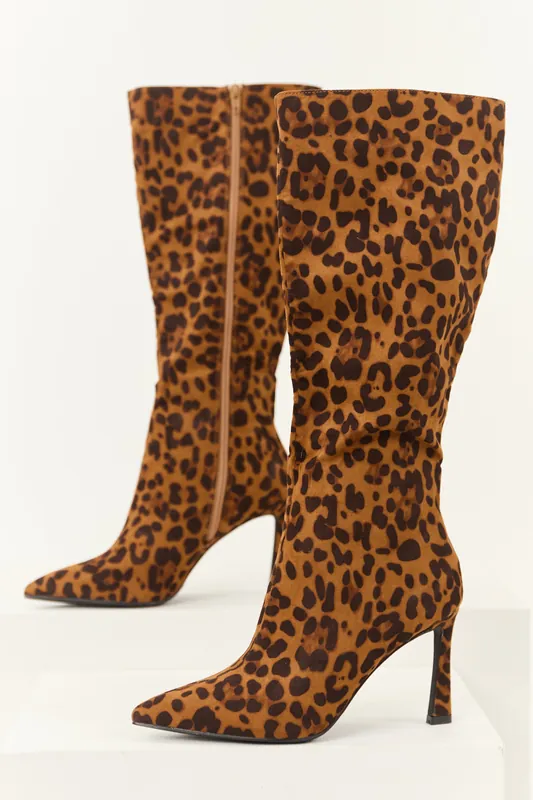 Caramel Faux Suede Leopard Print Stiletto Tall Boots - JP ORIGINAL CORP