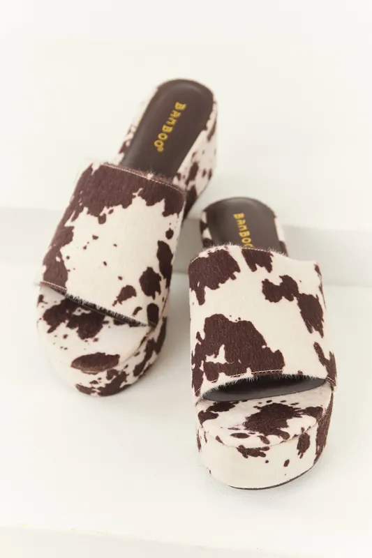Cocoa Faux Fur Cow Print Slip On Open Toe Wedges - JP ORIGINAL CORP