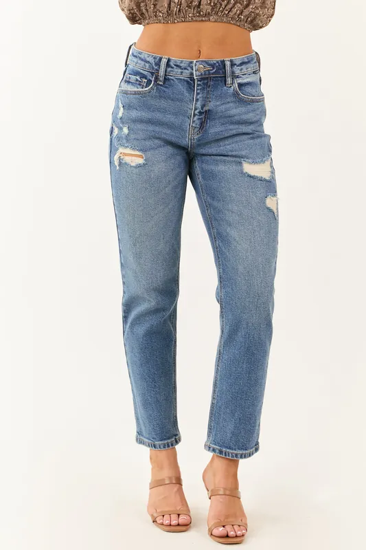 Cello Medium Wash Distressed Slim Straight Jeans - Cello Jeans