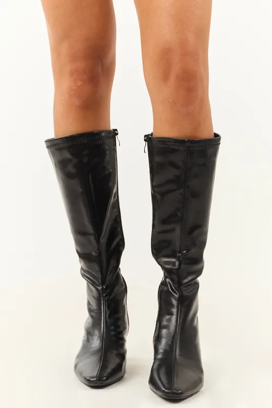 Black Faux Leather Pointed Toe Tall Block Heel Boots - Berness