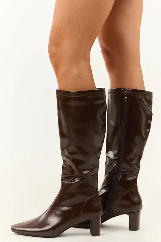 Chocolate Faux Leather Pointed Toe Tall Block Heel Boots - Berness