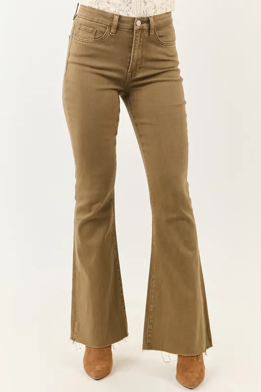 Olive High Rise Raw Hem Stretchy Flare Jeans - JellyJeans
