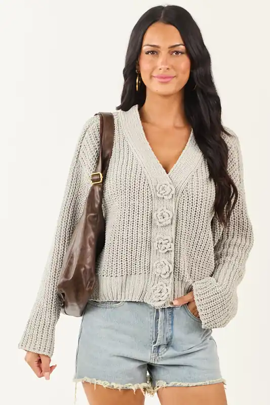 POL Sage Knit Flower Button Down Sweater Cardigan - POL Clothing