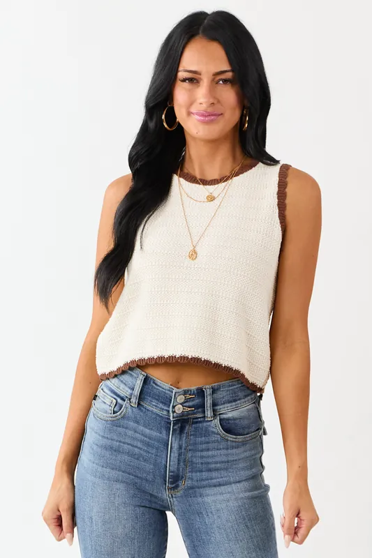 Cream Scalloped Contrast Trim Cotton Knit Tank Top - Klesis