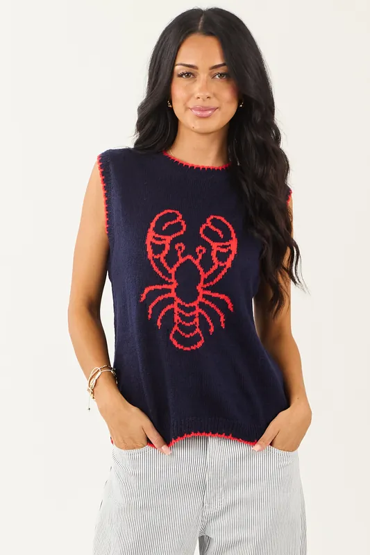 Navy Lobster Graphic Round Neck Knit Tank Top - Klesis