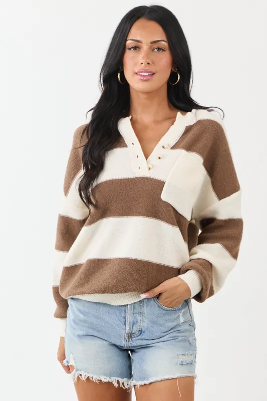 Cream and Coffee Thick Stripe Henley Sweater - GeeGee