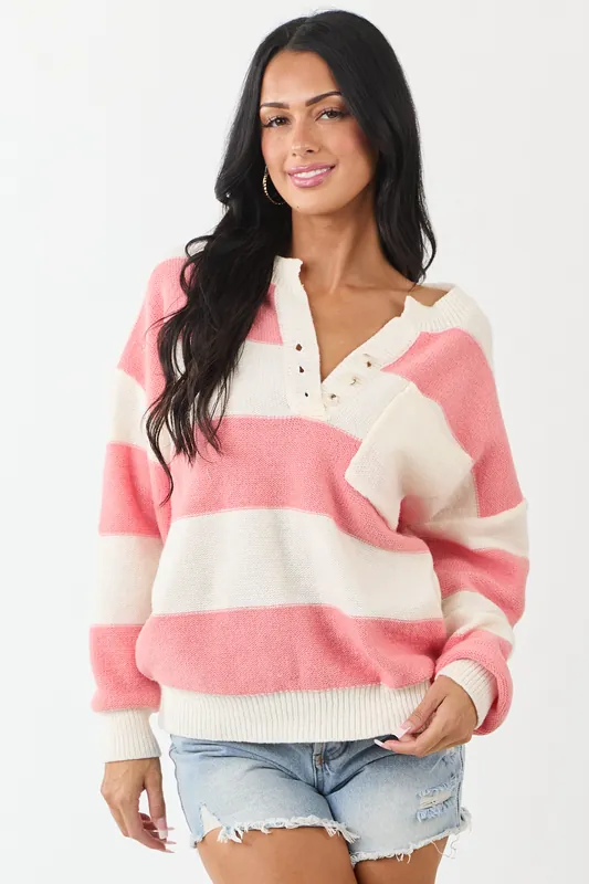 Punch and Cream Thick Stripe Henley Sweater - GeeGee