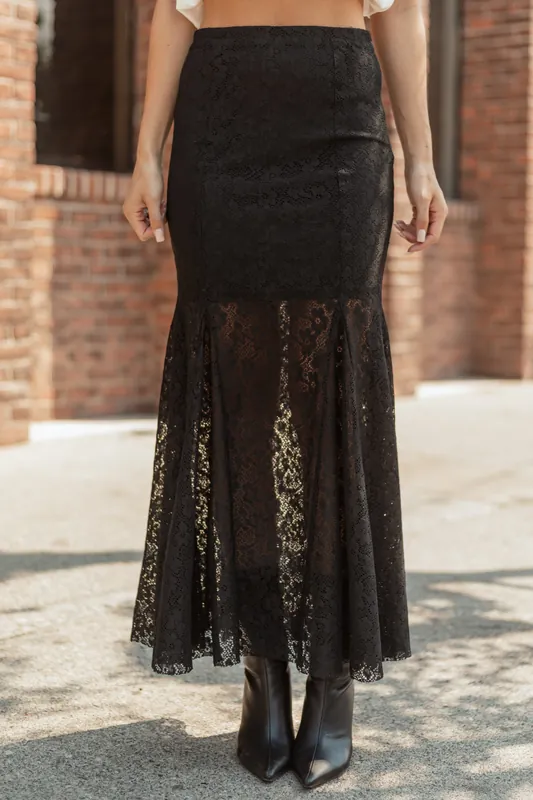 Black Floral Lace Mermaid Hem Maxi Skirt - Promesa