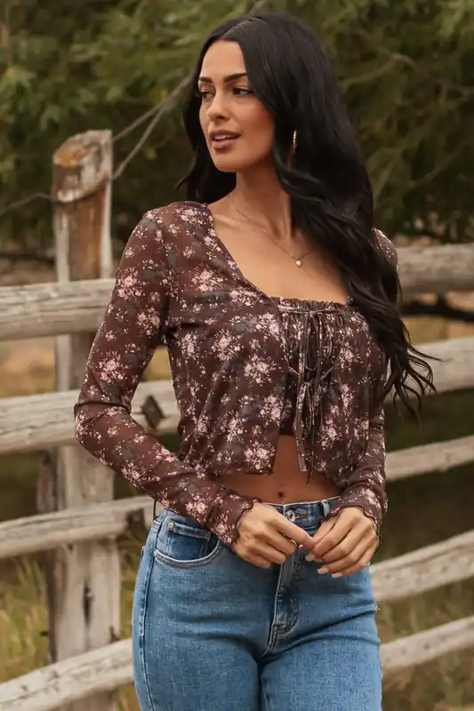 Cocoa Floral Mesh Layered Front Tie Long Sleeve Top - Promesa