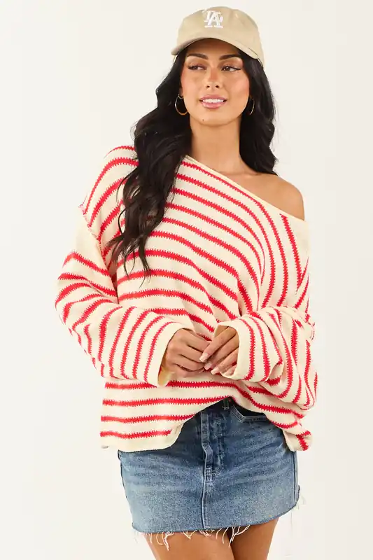 Cream and Brick Striped Relaxed Sweater - Promesa