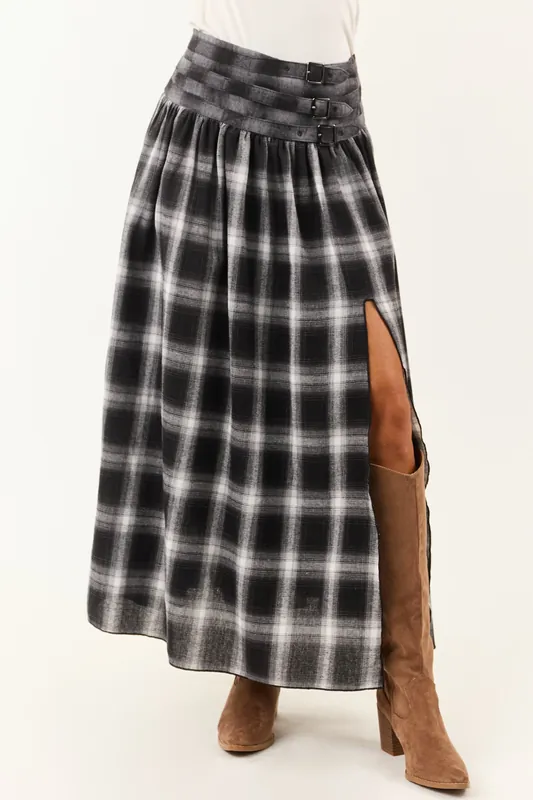 Black and Graphite Plaid Buckle Waist Maxi Skirt - Promesa