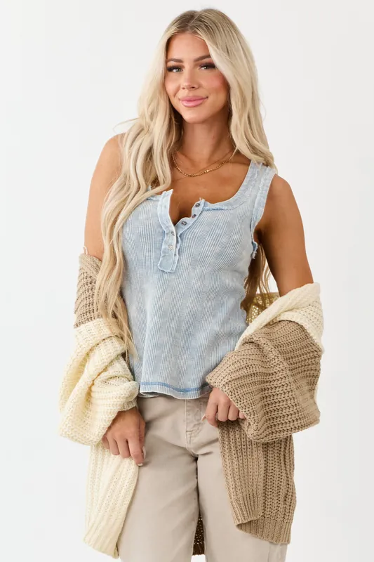 Powder Blue Washed Knit Contrast Denim Trim Tank Top - Very J