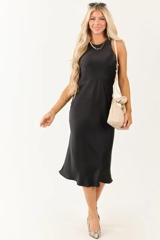 Black Satin Sleeveless Midi Slip Dress - HYFVE
