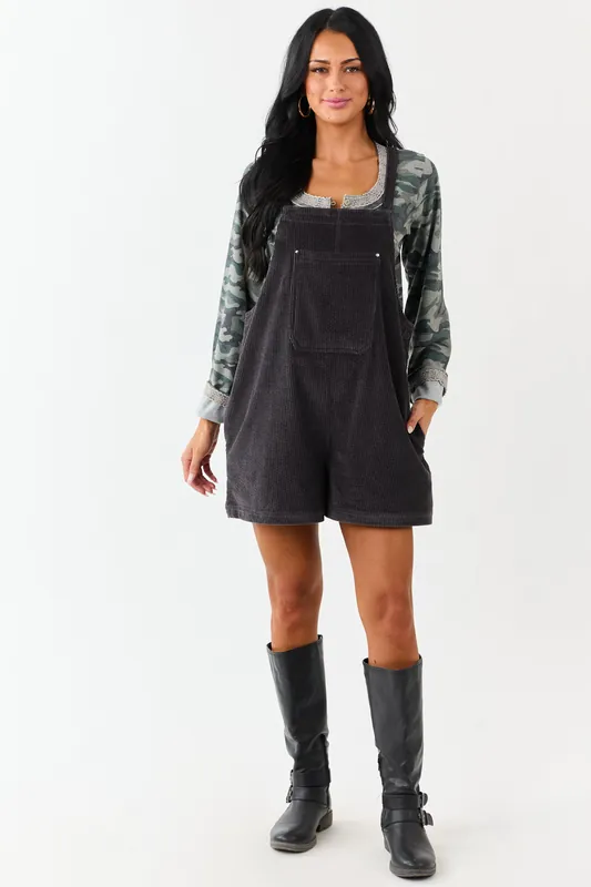 Charcoal Corduroy Relaxed Overalls Style Romper - HYFVE