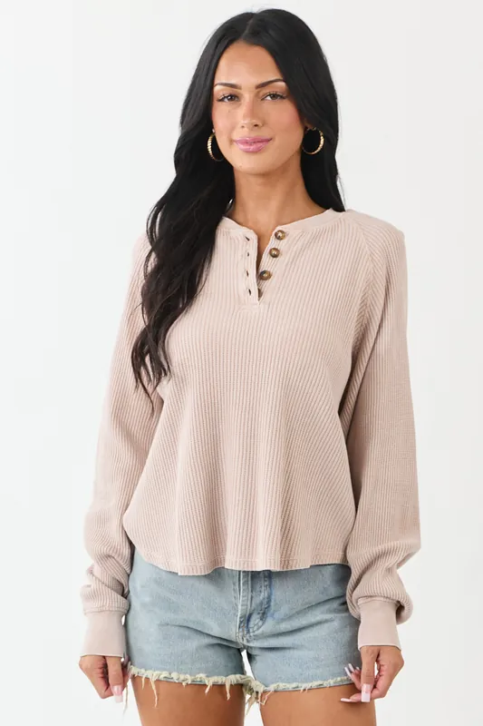 Dusty Blush Ribbed Knit Long Sleeve Boxy Henley Top - HYFVE
