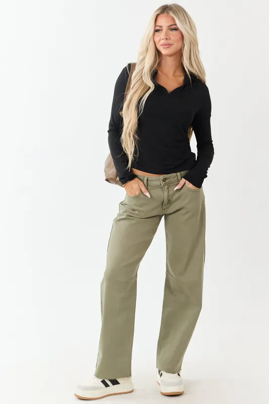 Antique Olive Mid Rise Raw Hem Barrel Jeans - Just Panmaco