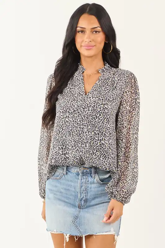 Slate Leopard Print Long Sleeve Frilled Top - Jodifl