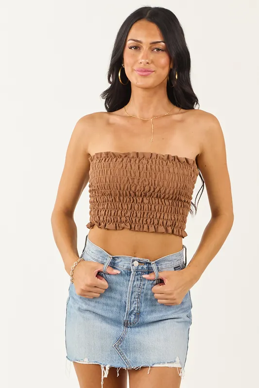 Cognac Smocked Ruffle Trim Bandeau Top - Final Touch