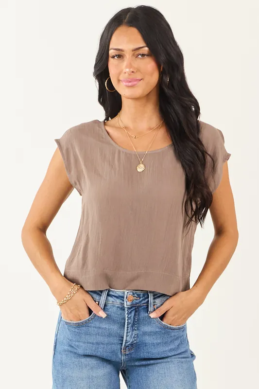 Taupe Cap Sleeve Round Neck Boxy Fit Top - Final Touch