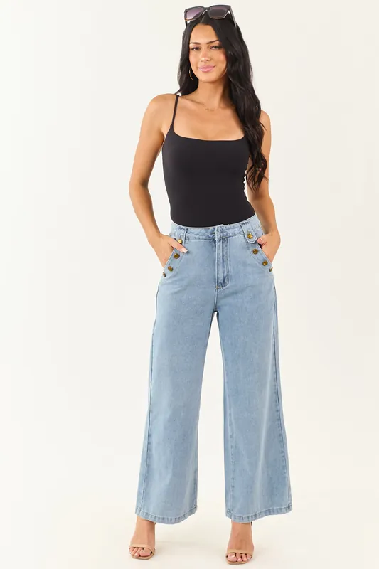 Light Wash Wide Leg High Rise Gold Button Jeans - Metamorphosis Girl