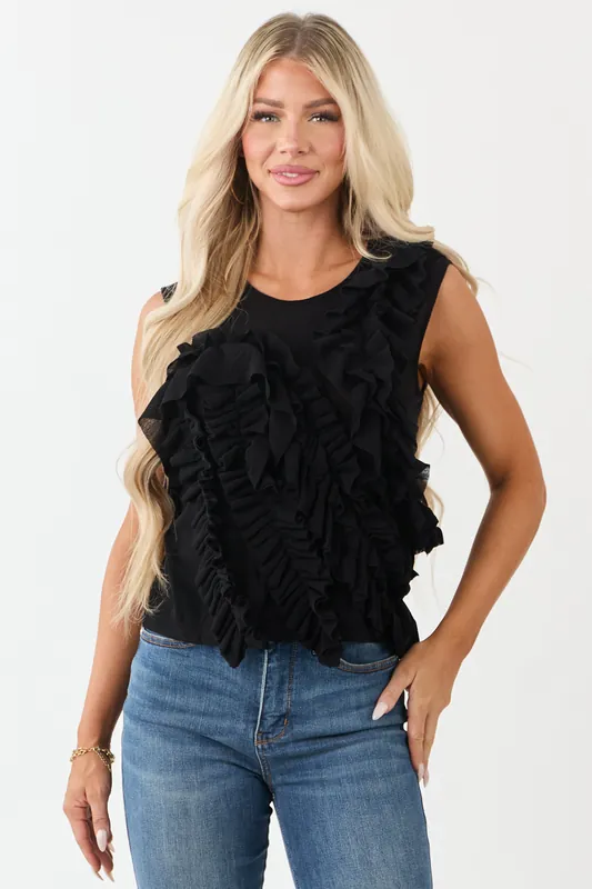 Black Asymmetrical Ruffled Tank Top - Blue Blush