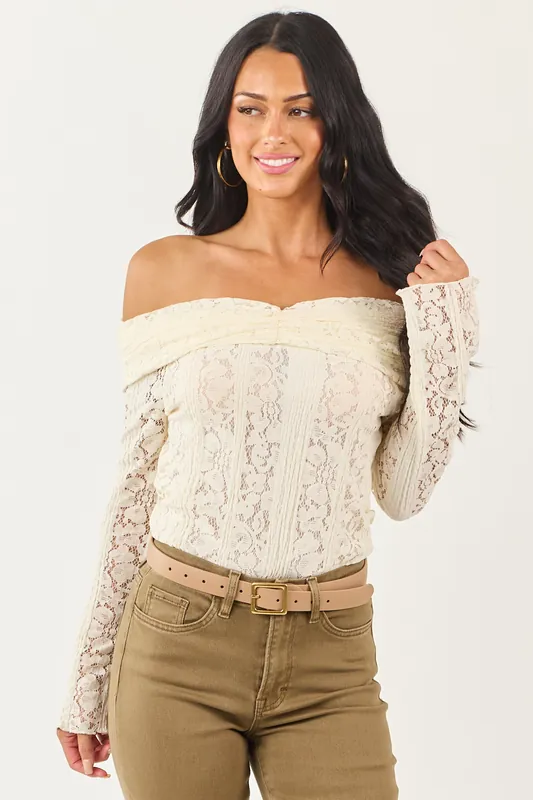 Cream Lace Off the Shoulder Long Sleeve Top - Fore Collection