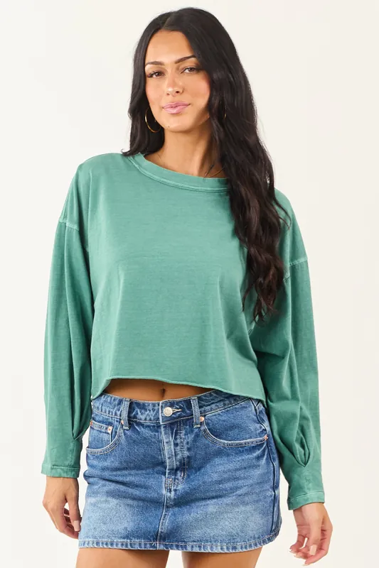 Jungle Green Washed Long Sleeve Cotton Top - ZENANA
