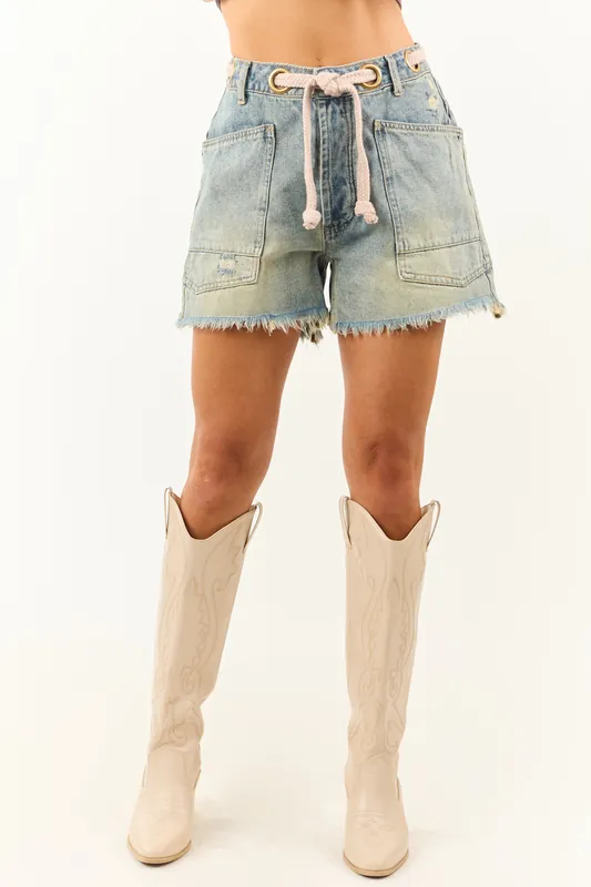 Medium Vintage Wash Braided Waist Belt Denim Shorts - BiBi