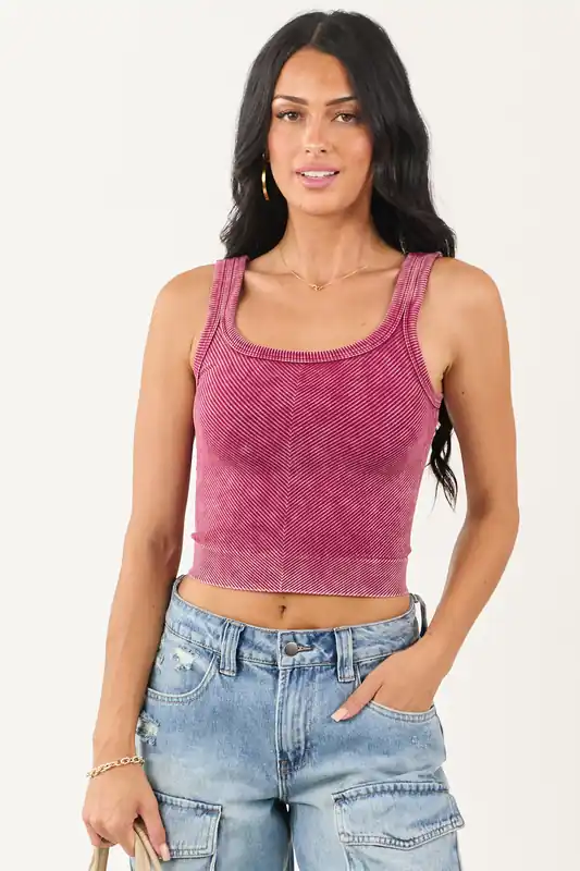 Hibiscus Stone Wash Cropped Knit Tank Top - ZENANA