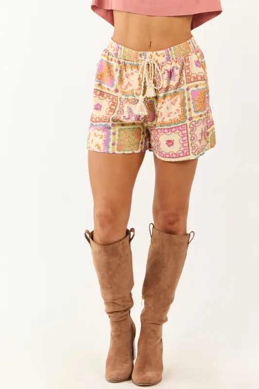 Cream Paisley Scarf Print Tassel Drawstring Shorts - Doe & Rae