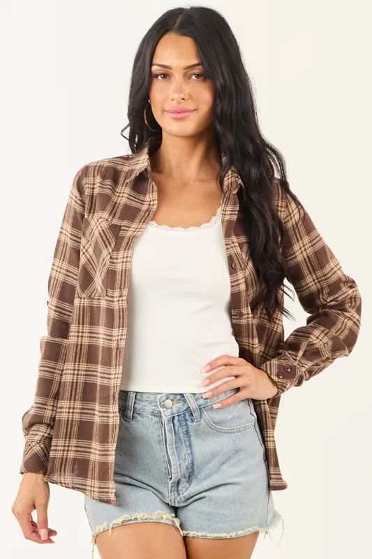 Cocoa and Camel Collared Flannel Long Sleeve Top - Doe & Rae