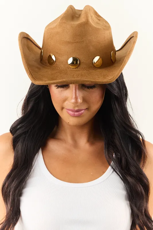 Sepia Faux Suede Gold Disc Cowboy Hat - Fame Accessories