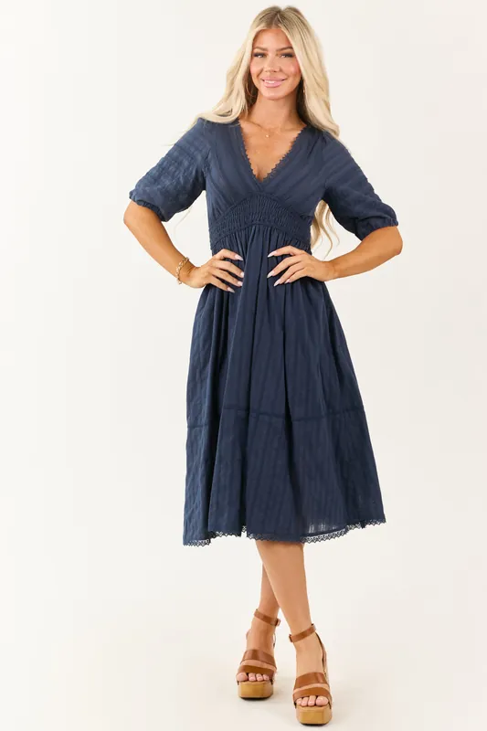 Navy Half Puff Sleeve Lace Trim Cotton Midi Dress - Umgee
