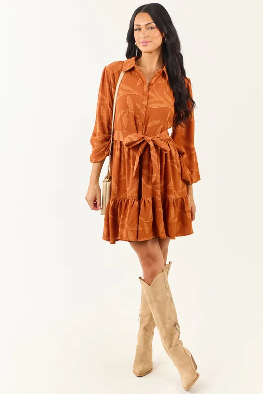 Rust Textured Jacquard Leaf Collared Mini Dress - Umgee