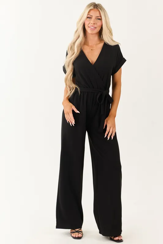 Black Wide Leg Waist Tie Surplice Bodice Jumpsuit - Almost Famous