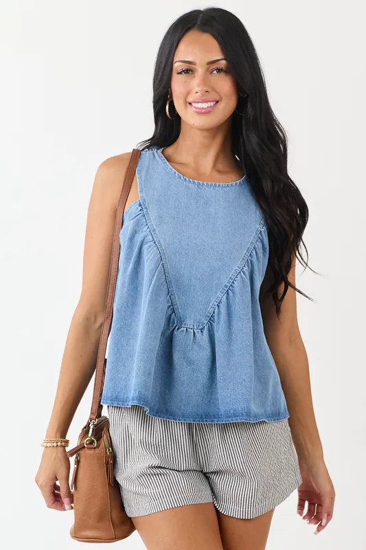 Light Wash Ruched Denim Tent Style Tank Top - So Me