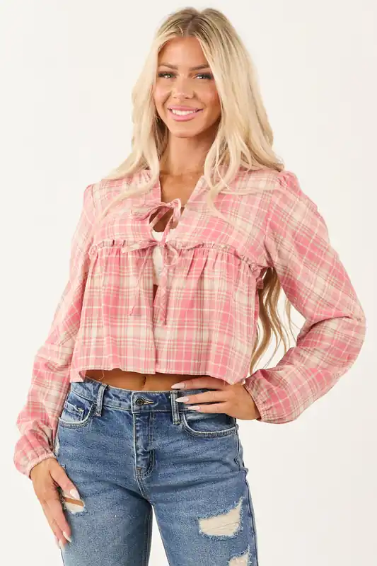 Coral and Cream Plaid Long Sleeve Cotton Top - So Me