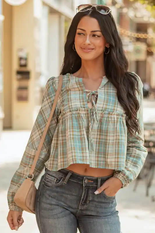 Steel Blue and Sand Plaid Long Sleeve Cotton Top - So Me