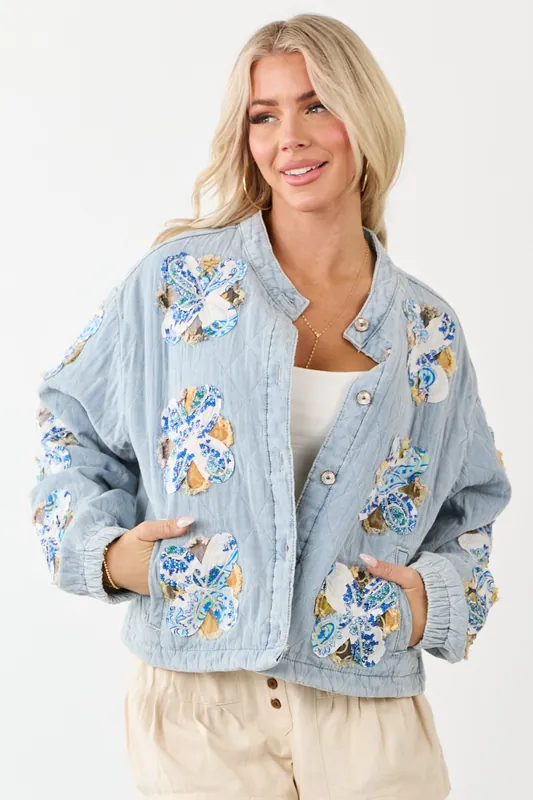 POL Floral Patch Denim Button Up Quilted Jacket - POL Clothing