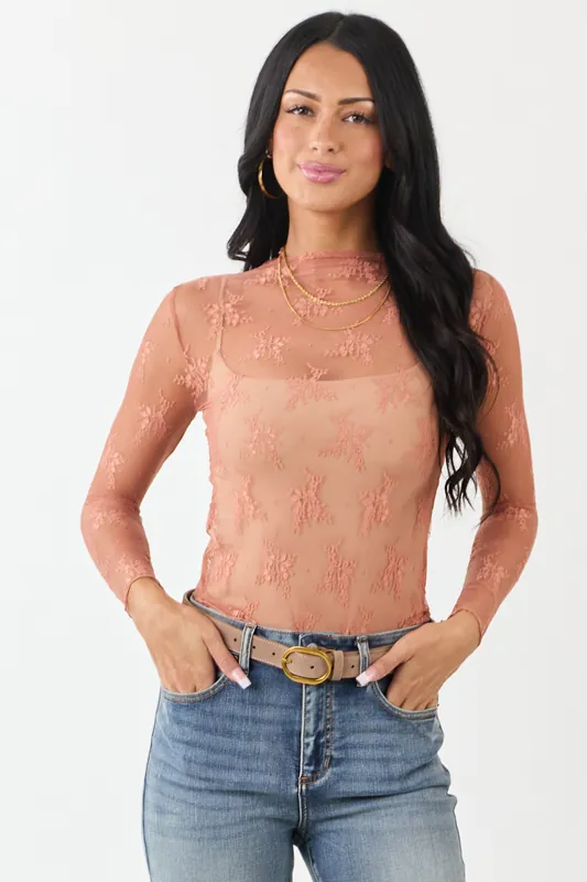 Melon Floral Mesh Lace Long Sleeve Top - Metamorphosis Girl